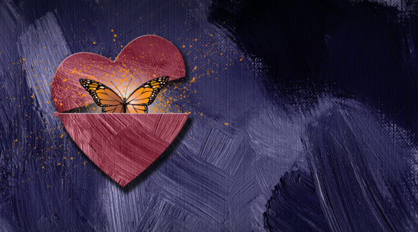 A colorful butterfly emerging from an injured heart, a transformation.